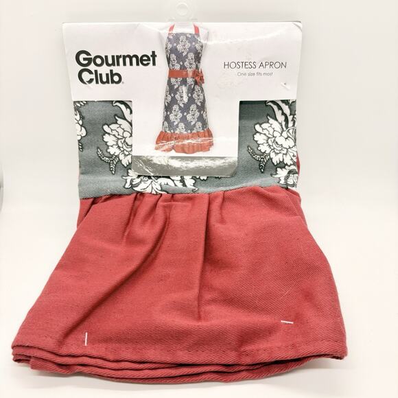 Gourmet Club Hostess Apron Vintage Floral Pattern Gray Red Retro Party Long - Picture 1 of 3